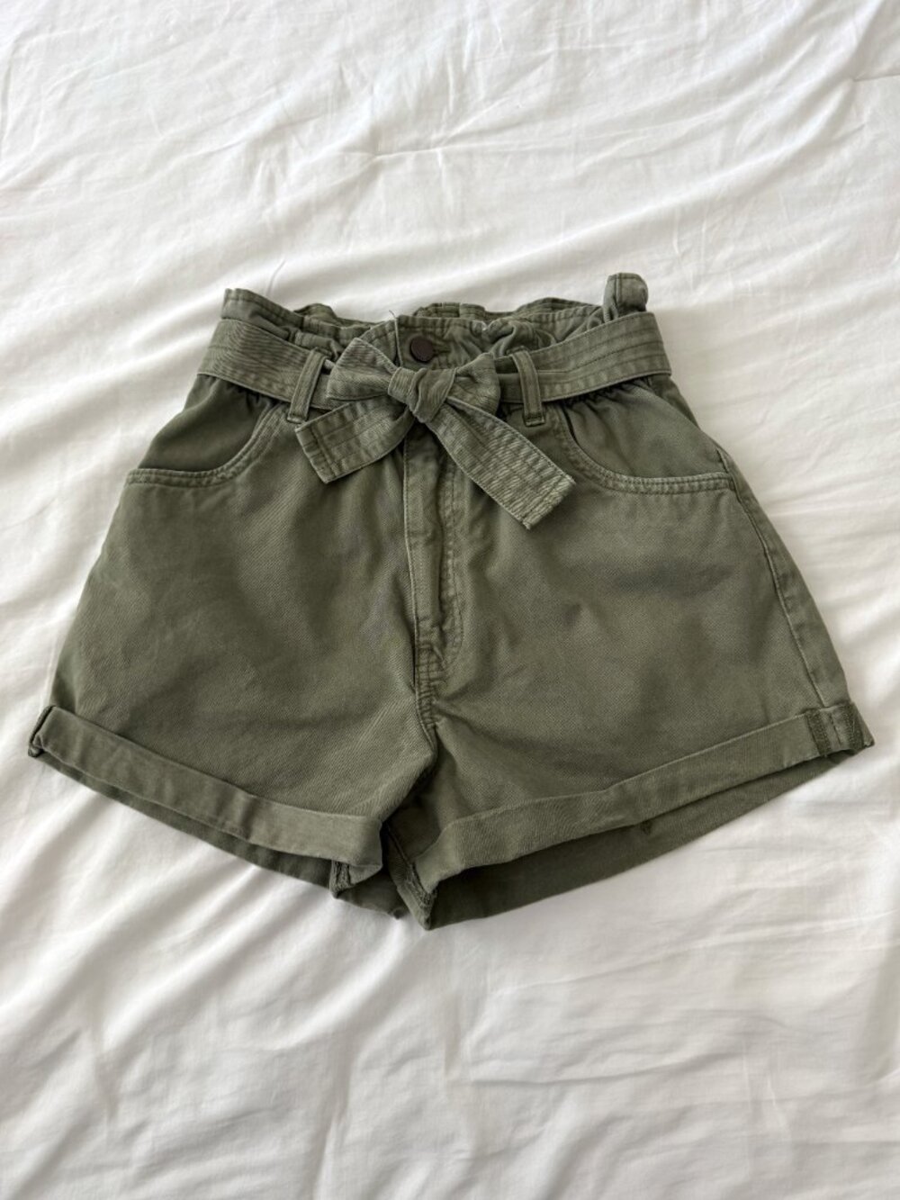Abercrombie & Fitch Olive Green Paperbag Waist Tie Shorts | XS